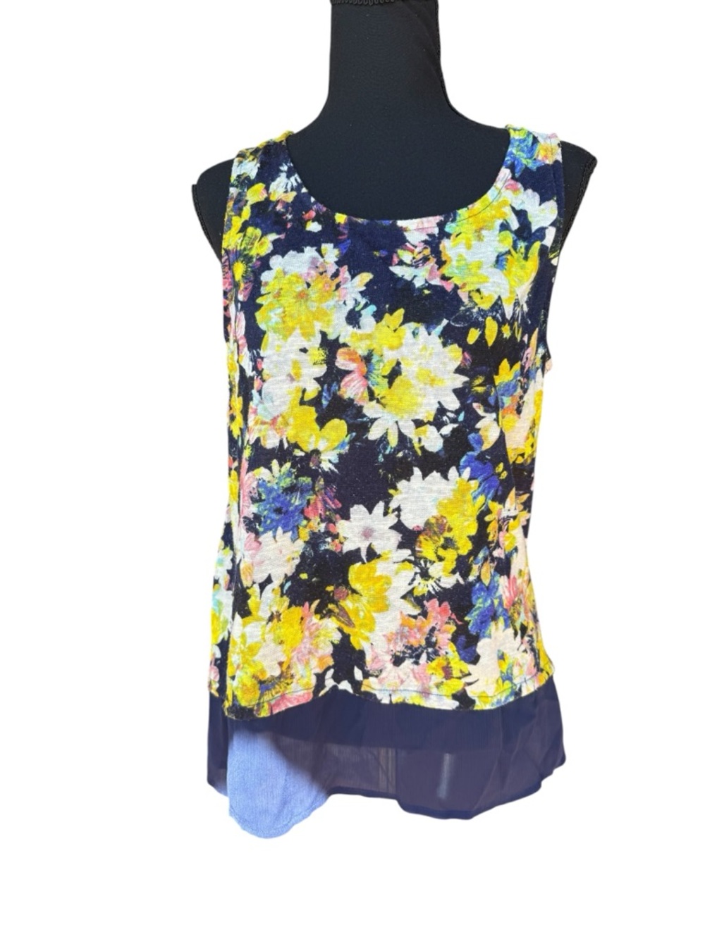 Princess Vera Wang Floral Layered Sleeveless Top Navy Yellow Floral Size XL